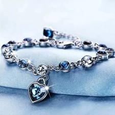 925 Sterling Silver Crystal Love Heart Linked Charm Bracelet Women Jewellery UK