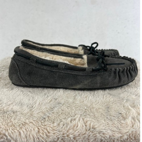 Minnetonka Women’s Cally Moccasins Dark Gray Suede Plush Pile Lining Size 7 - Picture 2 of 6