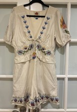 FARM RIO Linen Peplum Romper Ornate Embroidery Beaded Belt Size Medium Pockets