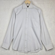 Canali Made in Italy Mens Dress Shirt 38/15 White Blue Brown Stripe Luxury