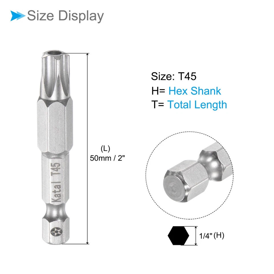 5PCS Magnetic Torx Bits T45 Head 1/4" Shank 2" 5 Point Tamper Proof Star - Image 2 of 4