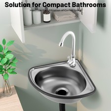 Single Triangle Wash Basin, Stainless Steel Corner Sink Small Bar Sink w/ Faucet