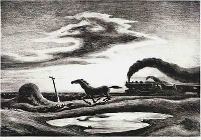 Thomas Hart Benton : The Race : Horse Train Landscape Print WPA Era