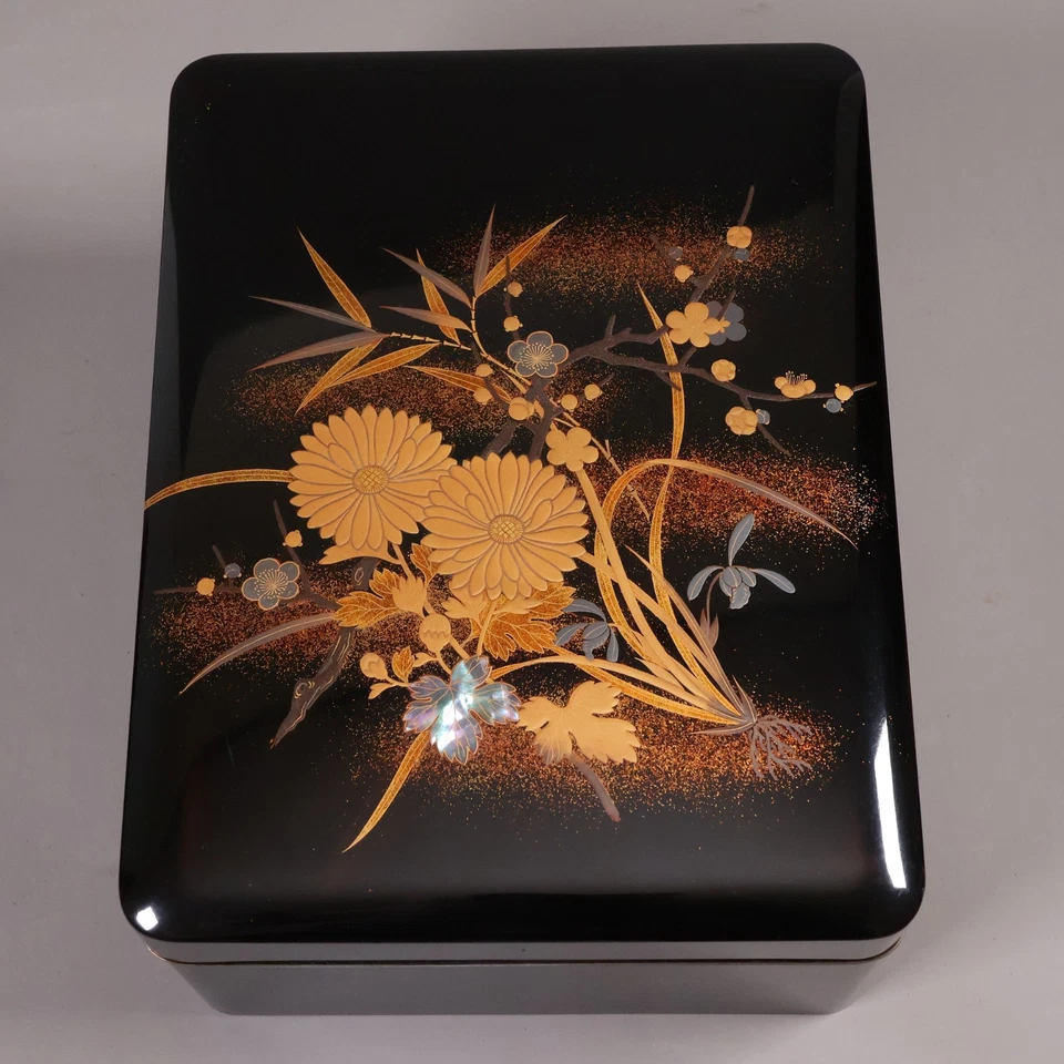 Japanese Lacquer Document Box 11.3inch Gold Four Gentlemen Calligraphy Tool - Image 3 of 4