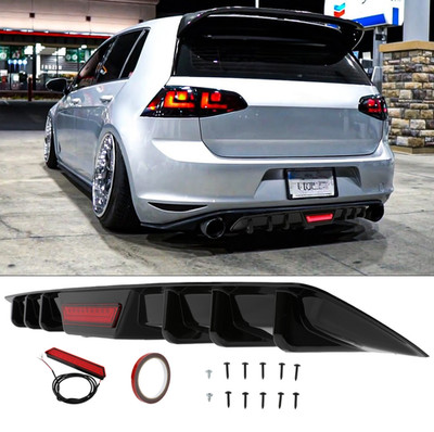 Glossy Black Rear Bumper Diffuser Spoiler w/LED Brake Light For VW Golf GTI MK7