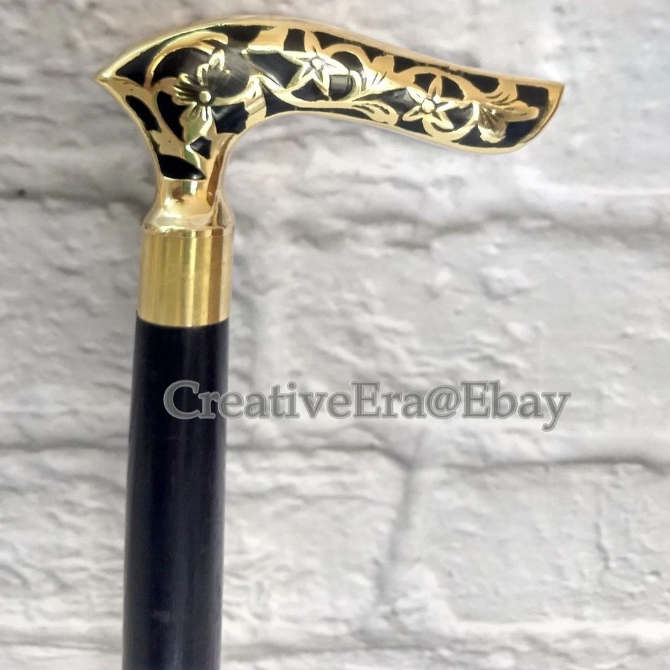 Bastón de diseño con mango de cabeza de resina de latón negro con incrustaciones de latón  Foto 3 de 4