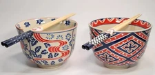 Japanese Ramen Noodle Soup Rice Bowl w/ Chopstick Hand Painted 5" D - Set of 2