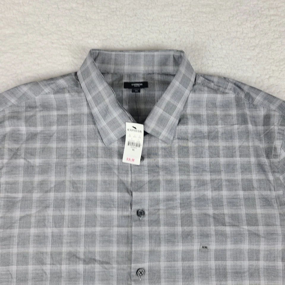 Camisa de Vestir Express Para Hombres 2XL XXL Gris A Cuadros Ajustada 1MX Abotonada NUEVA CON ETIQUETAS NUEVA Foto 3 de 4