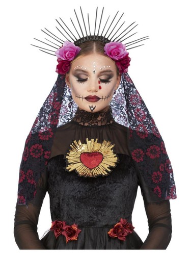 Couronne Fleur Halloween Lurrose - Bandeau Tête Roses Rouges Et Noires, Style Mexicain Day Of The Dead, Pour Fête Déguisement