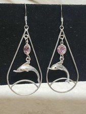 EXTRA LANGE STERLINGSILBER DELFINE OHRHÄNGER rosa CZ Stein