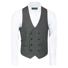 Mens Retro Peaky Blinder Double Breasted Tweed Herringbone Waistcoat or Trousers