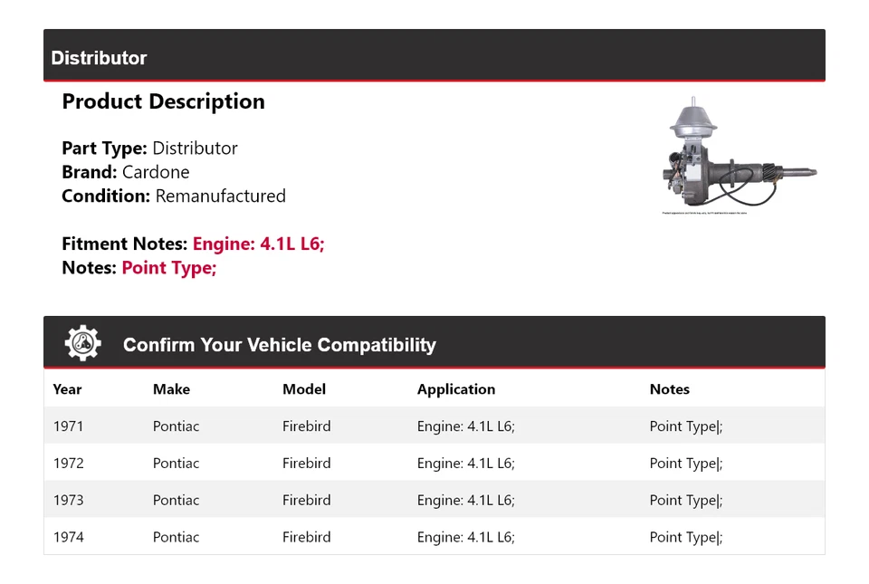 Pontiac Firebird 1971-1974 4,1 L L6 distribuidor Cardone 1972 1973 Foto 2 de 4