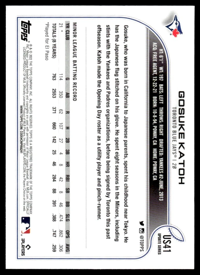 2022 Topps Update ROOKIE Gosuke Katoh Rookie Toronto Blue Jays #US41 R61 - Image 2 of 2