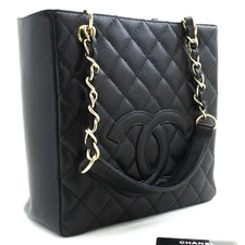 n51 CHANEL Authentic Caviar PST Chain Shoulder Bag Shopping Tote Black Quilted