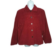 Northcrest Xl Dark Red Corduroy Jacket Stitched Poinsettia Holly Leaf Christmas