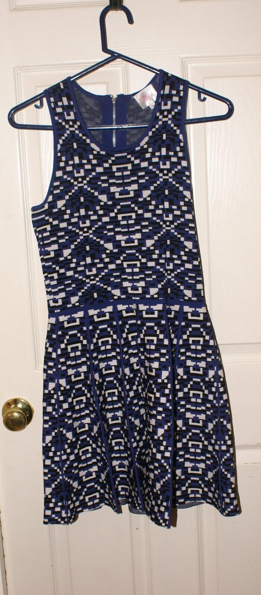 Parker Fit & Flare Dress LADIES SZ.MED.GEOMETRIC BLUE,BLACK WHITE CUTOUT  BACK | eBay
