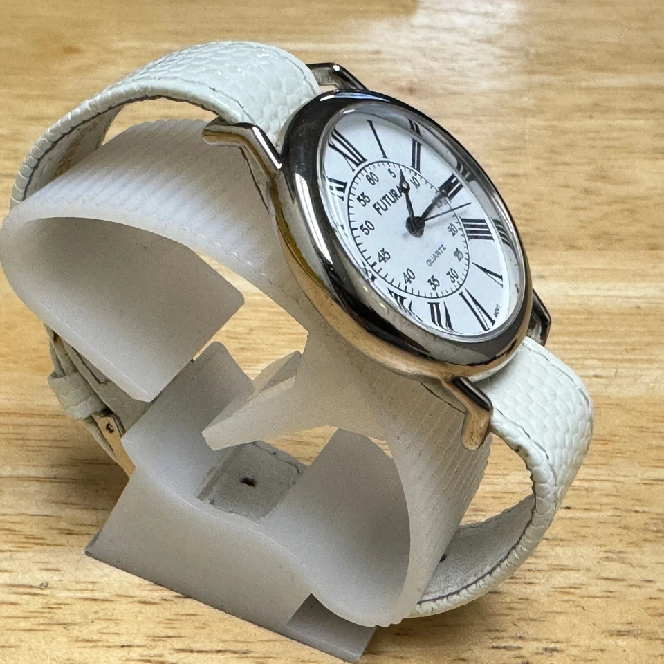 Vintage Futura Quartz Watch Unisex Silver White Leather Band Analog New Battery - Image 3 of 4