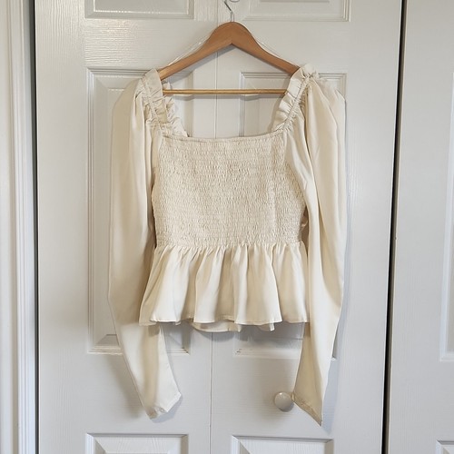 Six/Fifty Women's Ivory Satin Peasant Style Top Size SM Puff Shoulders Smocked - Picture 2 of 12