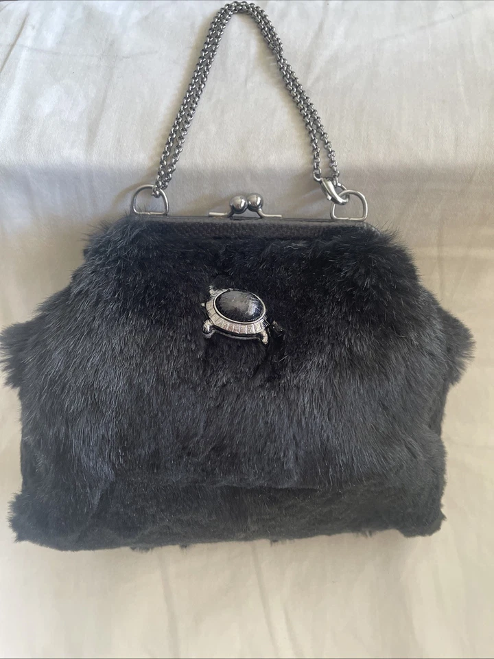 Salvatore Ferragamo Black Rabbit Fur Clutch Purse Turtle Detail Detachable Chain - Image 3 of 4