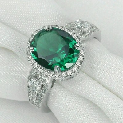 925 Silver Engagement Women's Ring Simulated Oval Emerald 14K White Gold Plated