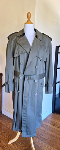Vintage London Fog Towne Trench Coat Men 40S Olive Green Removable Liner Belted