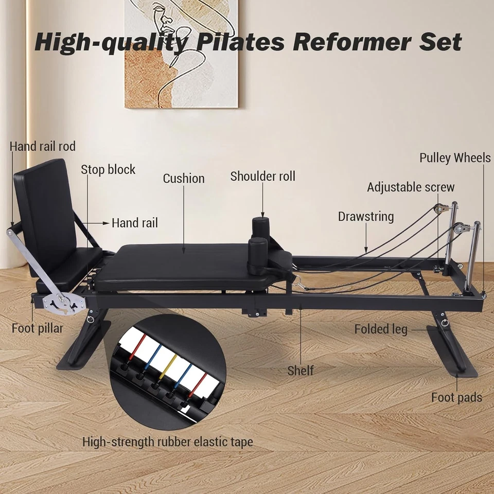 Pedal de pie plegable ajustable Pilates Reformer máquina de gimnasio en casa con 10 cuerdas Foto 3 de 4