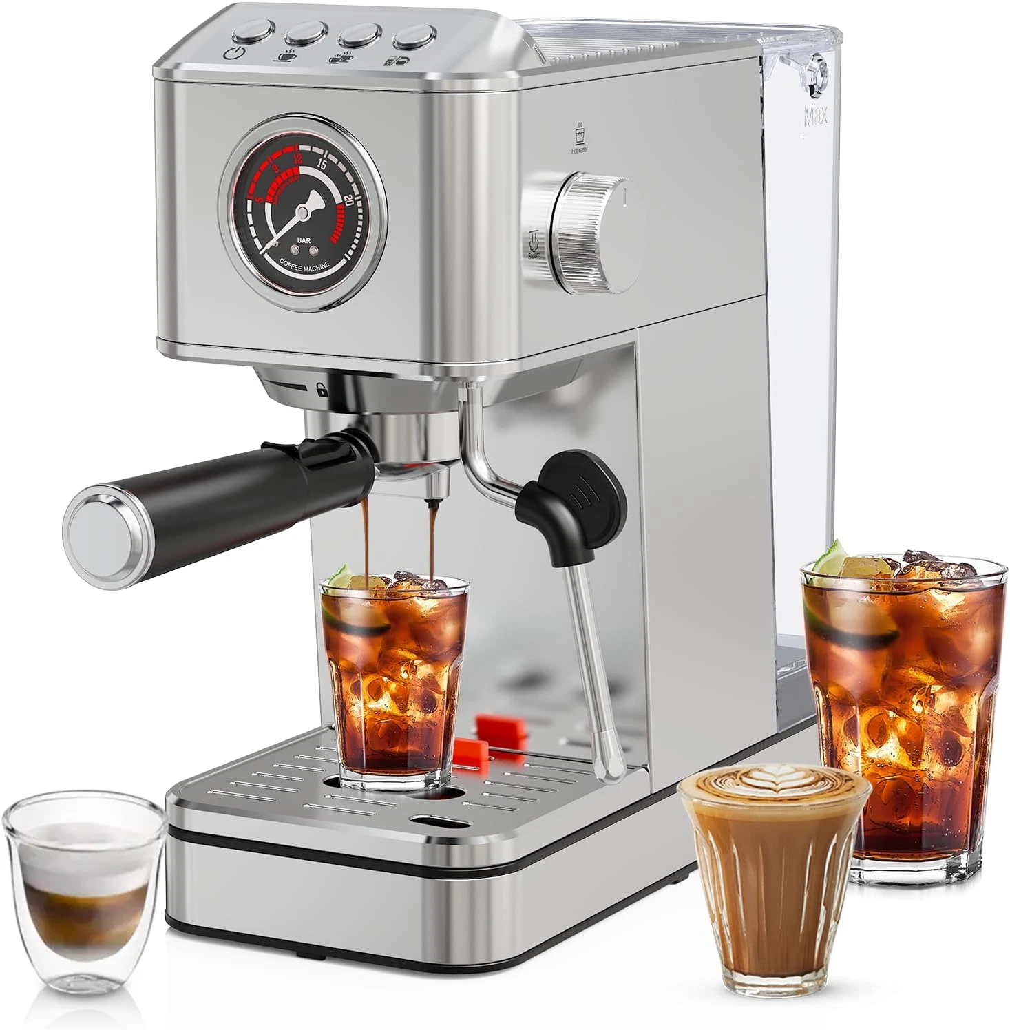 Compact 20 Bar Espresso Machine with Steam Frother - Stainless Steel Coffee Make