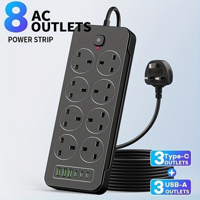 Überspannungsgeschütztes Verlängerungskabel mit 6 USB USB C 8-fach Stromkabel schwarz