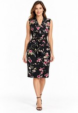 Calvin Klein Floral Sleeveless Collared Belted Wrap Dress Black Pink EUC Size 10