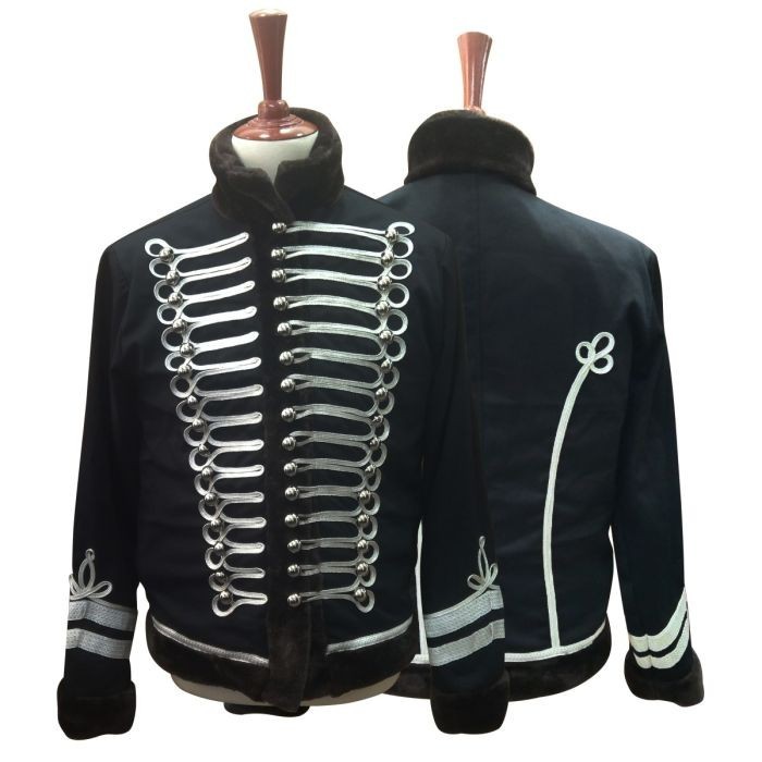 Black Silver Faux Fur Trim Military Style Jacket