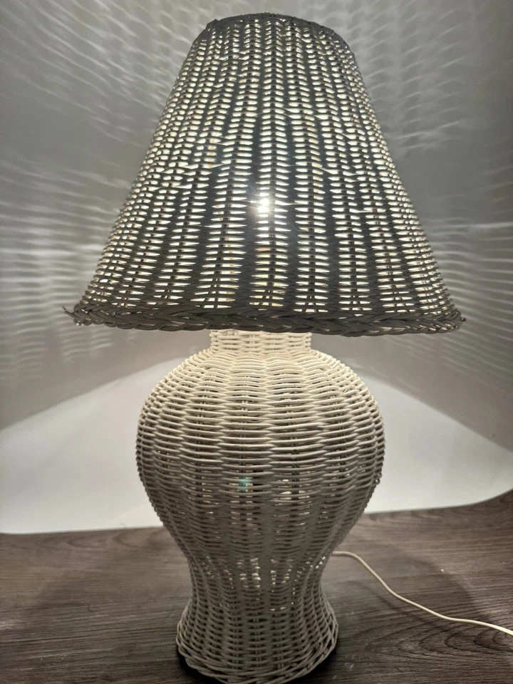 Винтажная имбирная банка белая плетеная ротанговая лампа с абажуром высотой 19,5 дюйма богемный потертый шик - Изображение 2 из 4