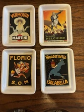 Pottery Barn Vintage Poster Set of 4 Ceramic Appetizer Plates 5" x 4" NEW COND