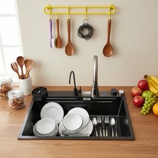 Kitchen Sink Double Basin Stainless Steel Sink Bowl W/ Pull-out Faucet