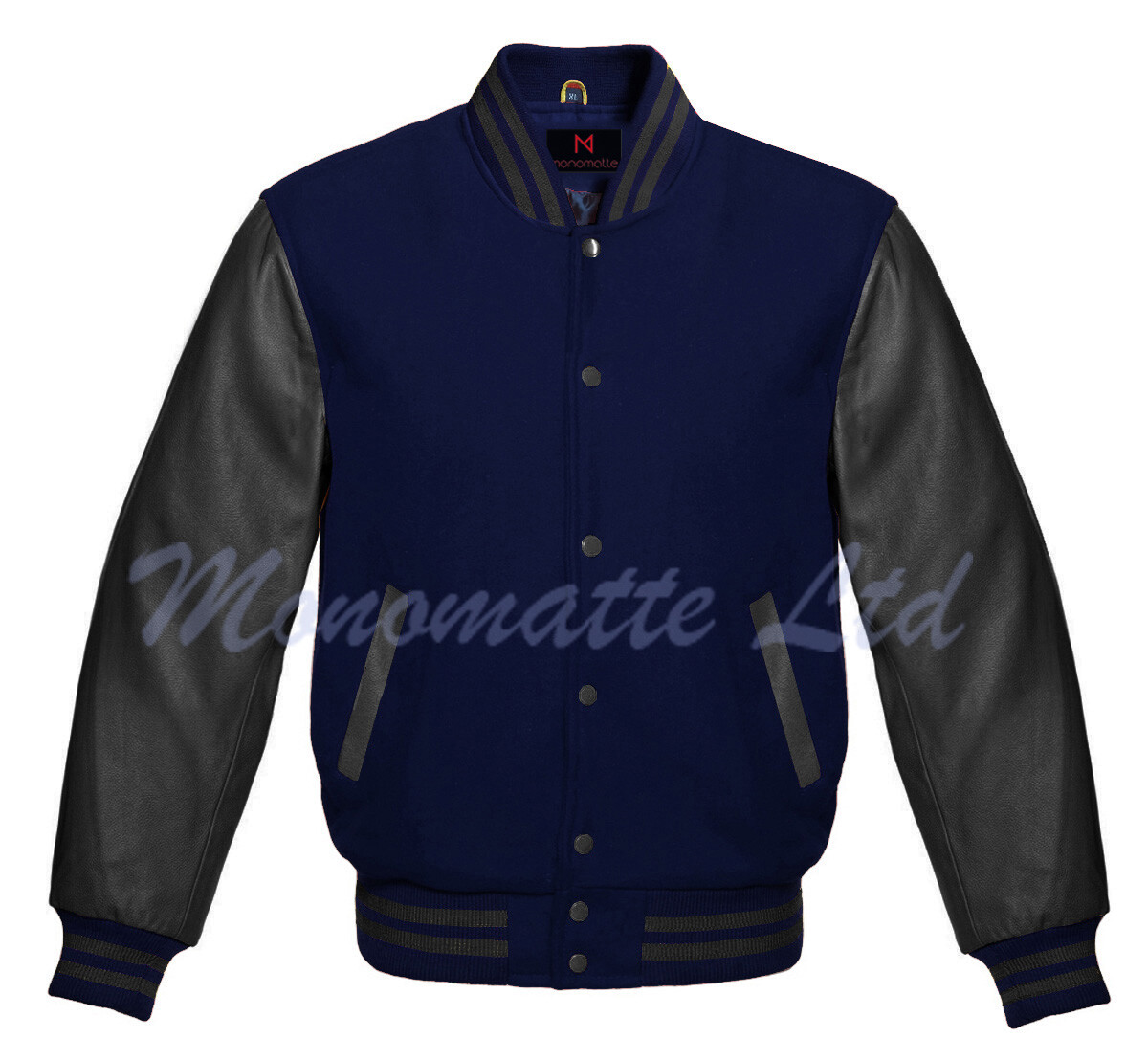 New Varsity Letterman bomber Navy wool & Black Genuine Leather