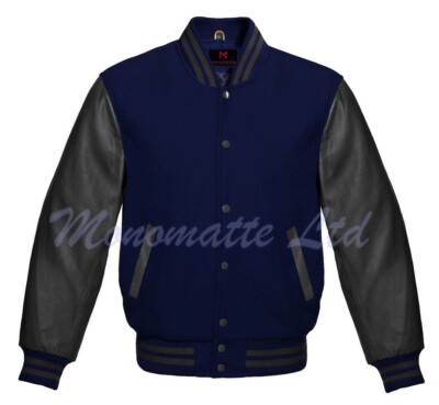 New Varsity Letterman bomber Navy wool & Black Genuine Leather