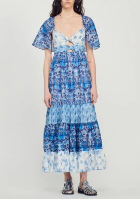 Sandro V-neck A-line Dress Backless Flare SleeveMaxi Dress for Ladies