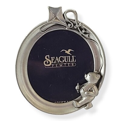 Vtg Mini Oval Picture Frame Bear Flying Kite Seagull Pewter Etain Zinn 1994