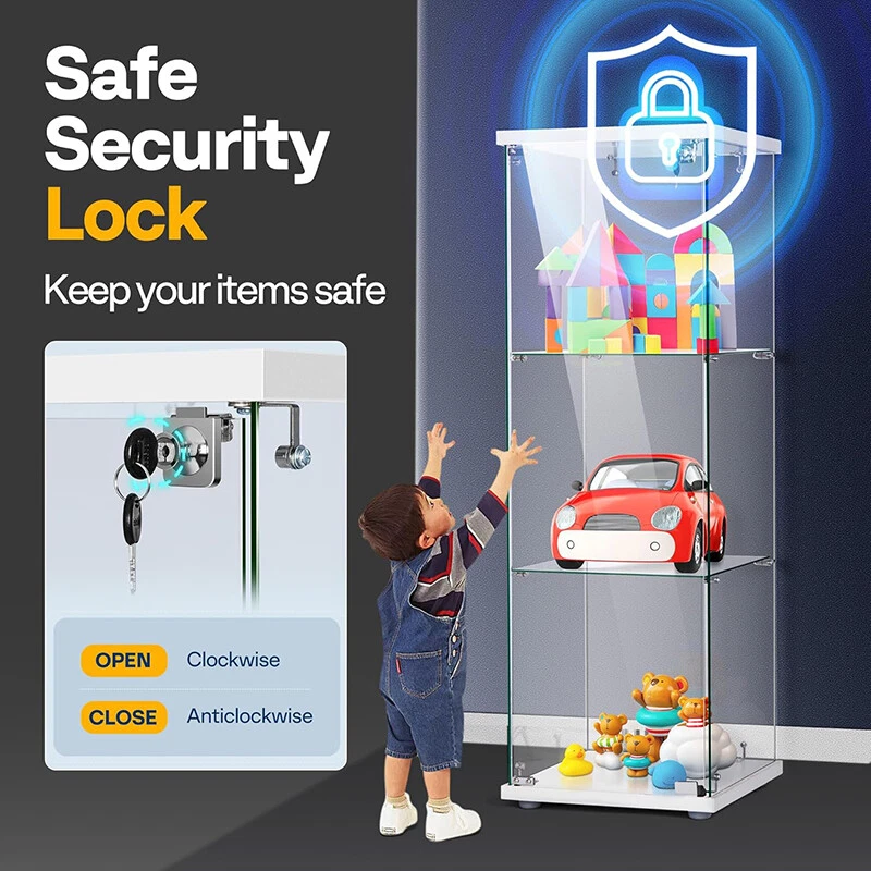 3-Shelf Glass Display Cabinet Glass Curio Cabinet Trophy Case Bookshelf w/ Lock - Image 4 of 4