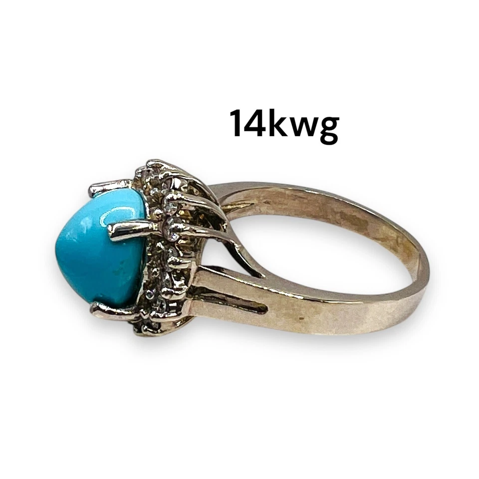 Anillo de diamantes de la Bella Durmiente turquesa persa de 4,00 quilates de oro blanco de 14 k 6,43 gramos Foto 4 de 4