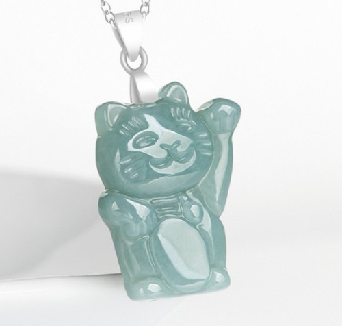 Natural Grade A Jadeite Jade Blue Water Fortune Cat Set S925 Silver Pendant - Picture 7 of 7