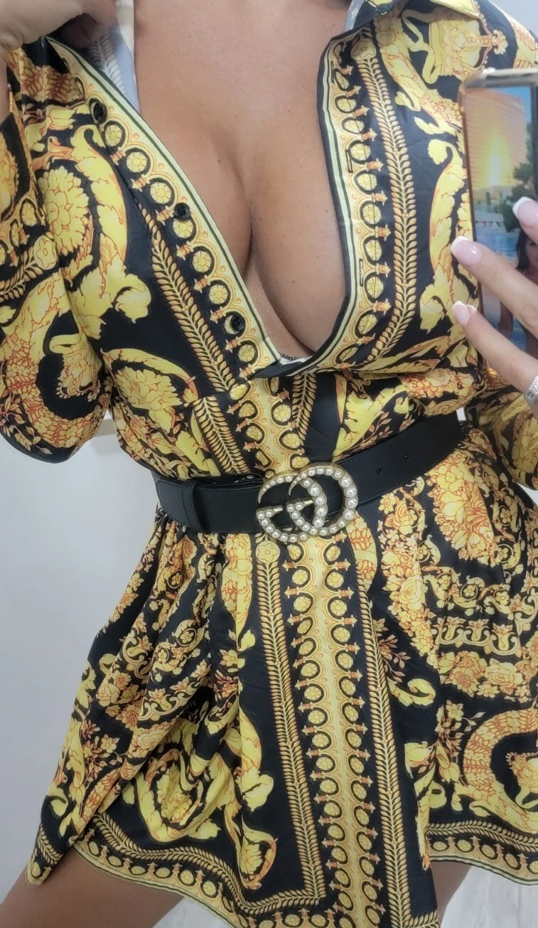 VERSACE Abito Moda Donna Oro Nero Stile Designer Cintura Scollo V Profondo Non Incluso