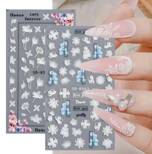 Bridal 5D Nail Art Decoration White Lace Flower Wedding Stickers Decals DIY NH15