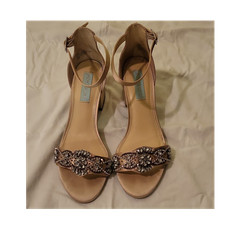 Betsey Johnson Beige Satin Embellished Sandals Medium Heel Ankle Strap Size 7.5