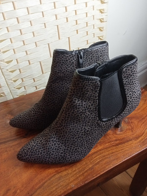 M&S Black Ankle Boots UK Suede Feel Animal Print Mid Heel