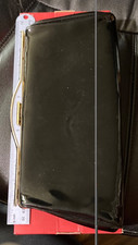 vintage paten leather 10 in clutch purse with colorful cloth interior