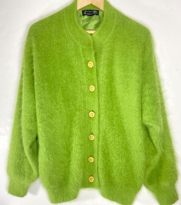 VTG Venesha 80% Angora Cardigan Sweater Lime Green Button Front Size Medium