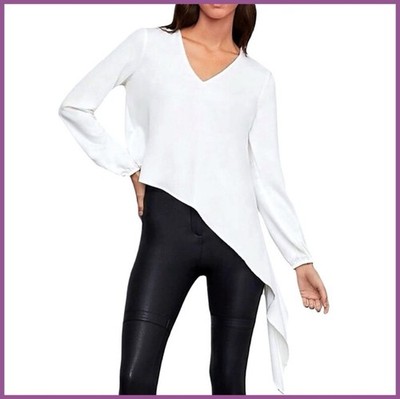 BCBGMaxAzria White Ruffle Asymmetrical Hemline Long Sleeve Blouse Top MEDIUM