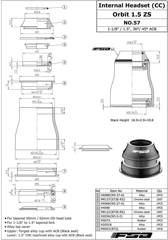 FSA No.57 Orbit Headset Sealed Bearing 1.5 ZS 1-1/8"-1.5" Tapered Integrated