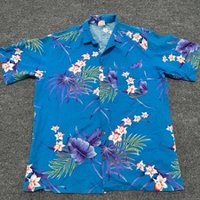 Barefoot In Paradise Shirt Mens Large Blue Floral Hawaiian Cotton USA Made Vtg