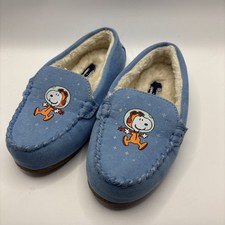 Lands  End Slippers Youth 12 Blue Peanuts Snoopy Woodstock Fur Glow In The Dark